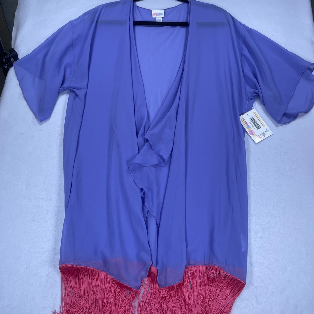 LuLaRoe Monroe Kimono Wrap Purple Pink Fringe Sheer Chiffon Open Front Large NWT
